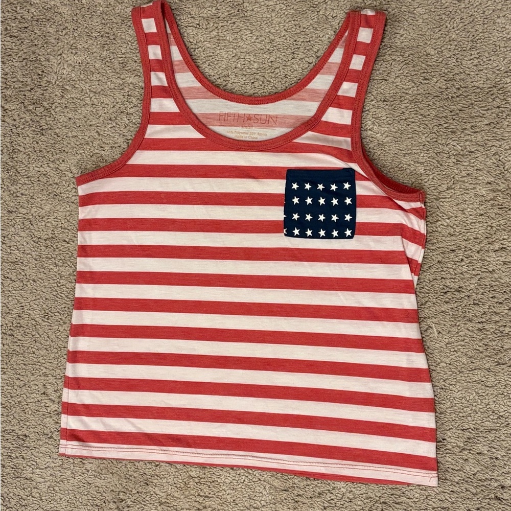 Patriotic Red & White Striped Tank Top with Blue Star Pocket size S